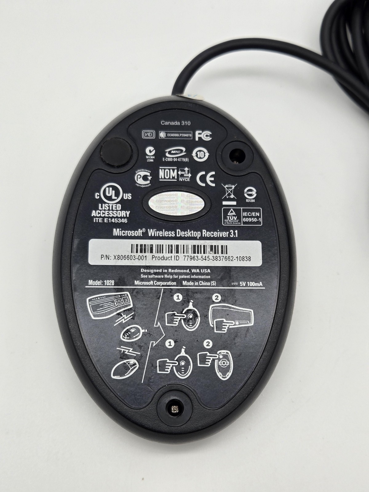 Microsoft Wireless Desktop Receiver 3.1 USB Model 1028 Keyboard Mouse PC Adapter