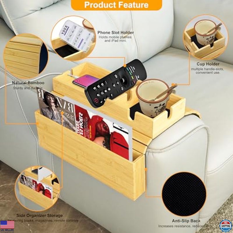 MinBoo Foldable Bamboo Couch Arm Table Tray with Storage Pocket & Cup Holder