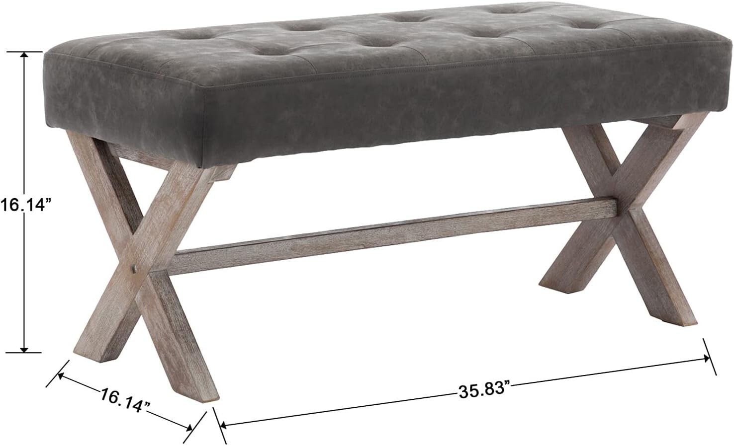 DM Mid Century Modern Upholstered X Leg Bench Ottomans, Grey, Faux Leather