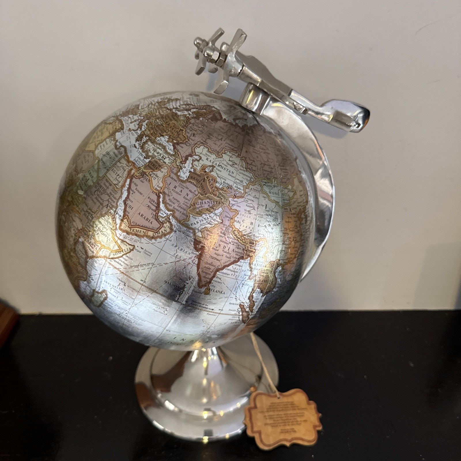Vintage Government of India GLOBE CHROME AIRPLANE OVER EARTH ‘08 13” H x 7.5” W