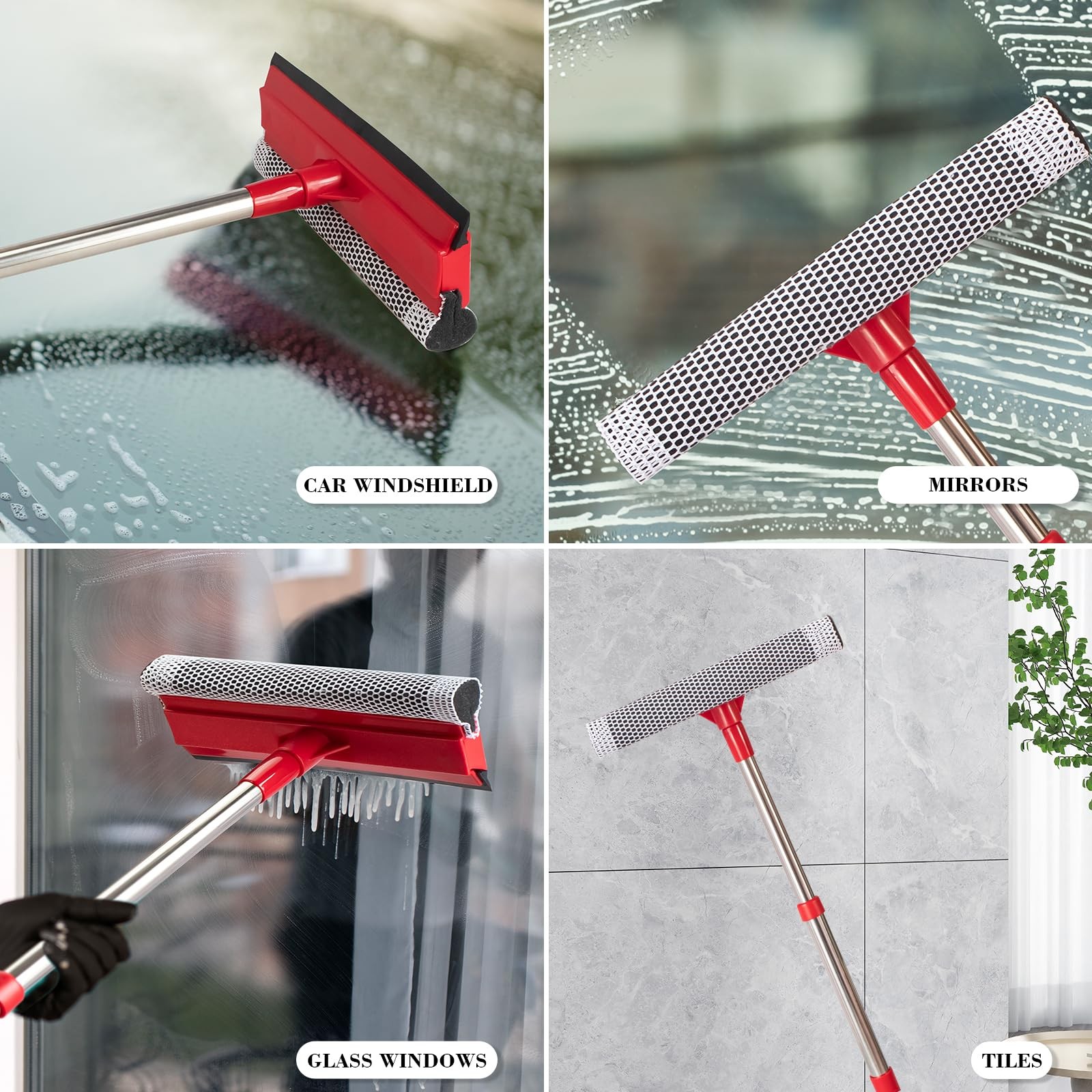 Professional Standard Window Squeegee,2-in-1 Cleaner 55 inches, Red