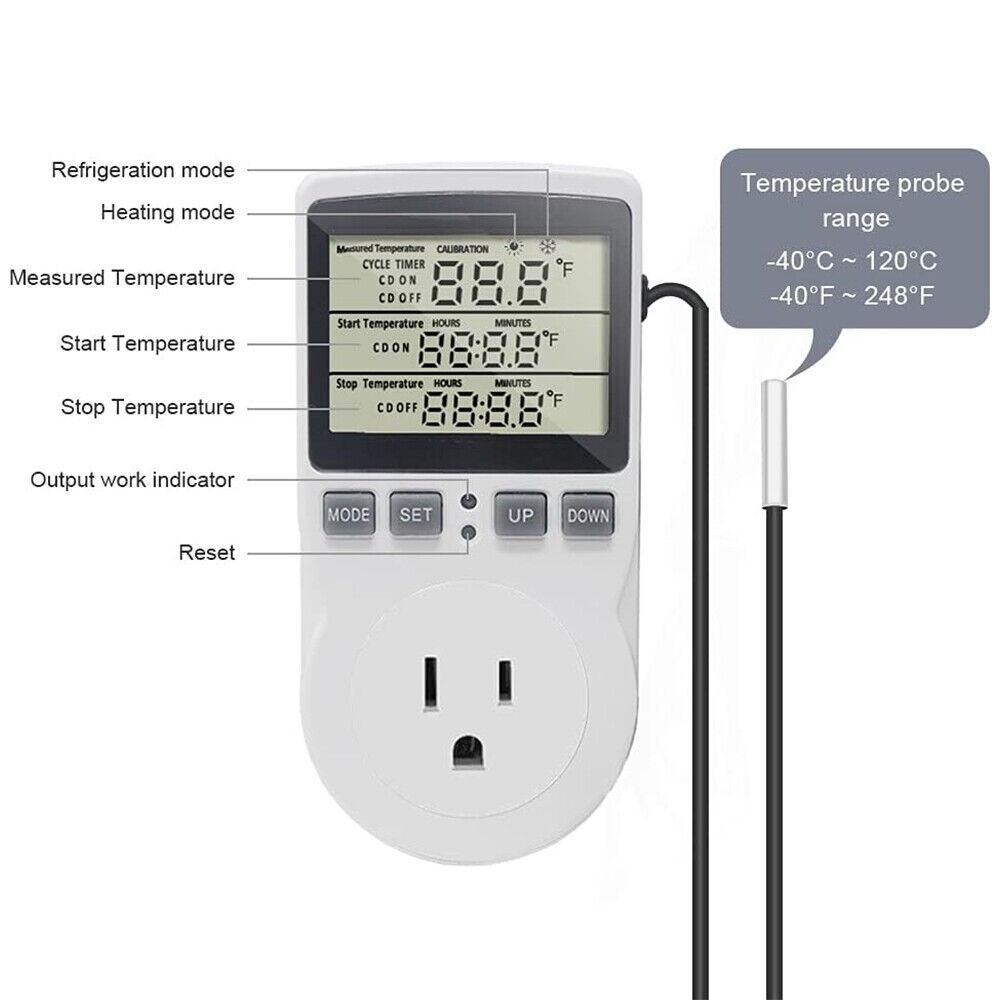 Digital Thermostat Outlet Plug Temperature Controller Heating Cooling with Probe