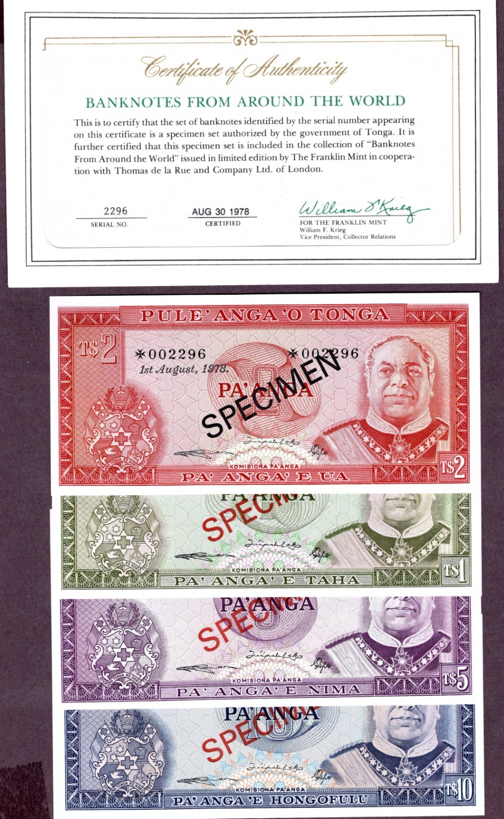 TONGA 1 - 10 PAANGA SPECIMEN Banknote 1978 Condition I UNC FDS S/N *002296 P 18-22