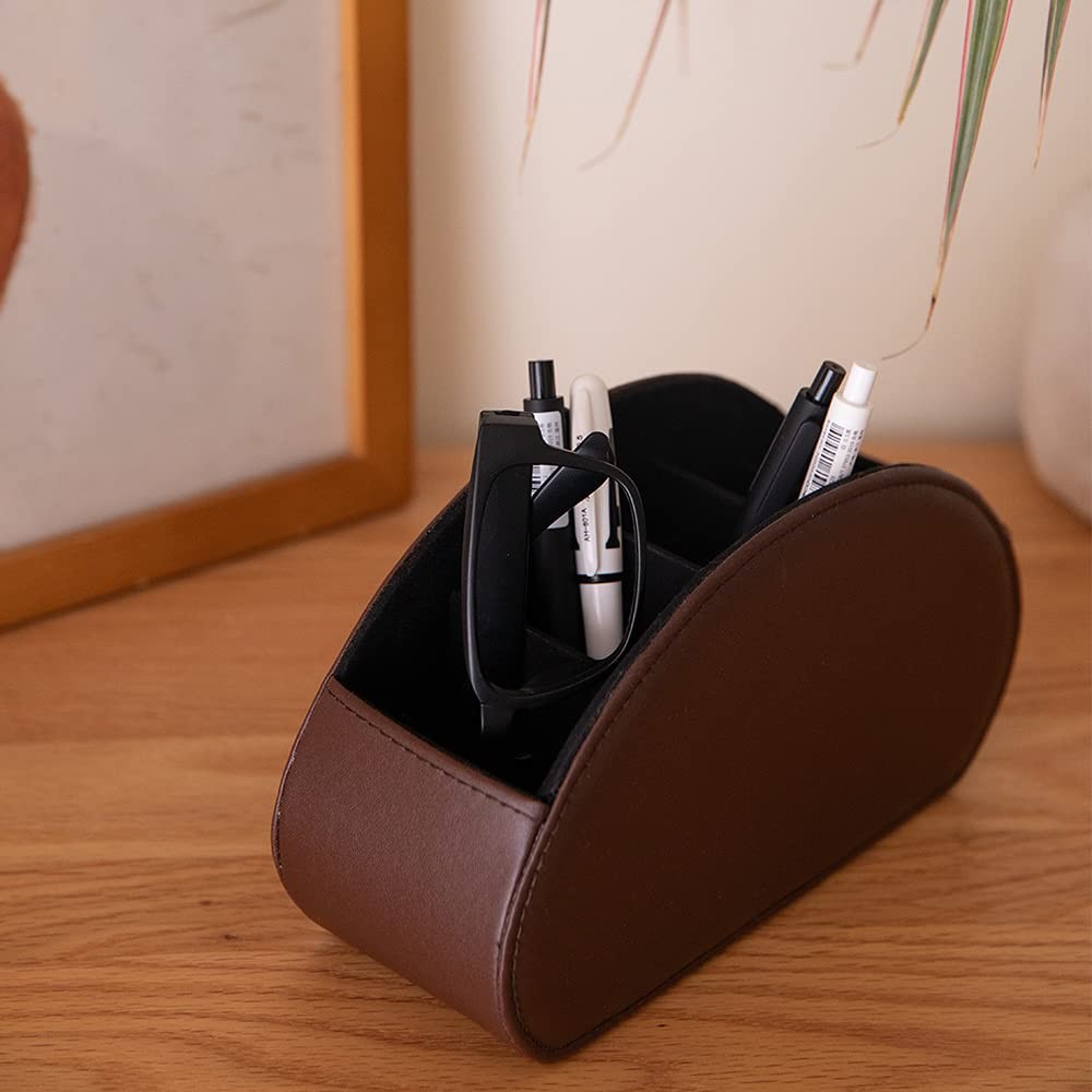 Remote Control Holder Organizer Table Desk Leather Storage TV with 5 Spacious