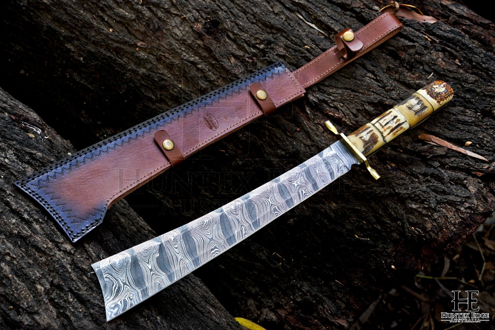 HUNTEX Handmade Damascus Blade, Deer Antler 525mm Exotic Tapanga Machete Knife