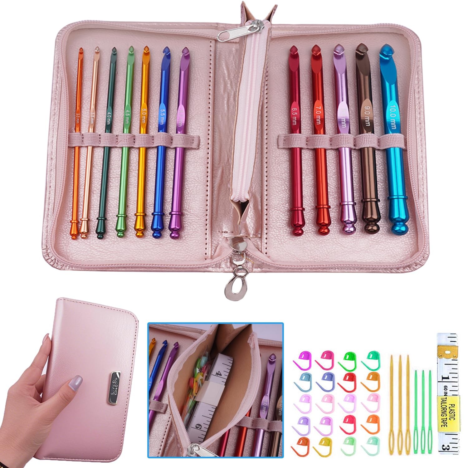 Aluminum Ergonomic Inline Crochet Hook Set Case 3mm10mm NonSlip Arthritic