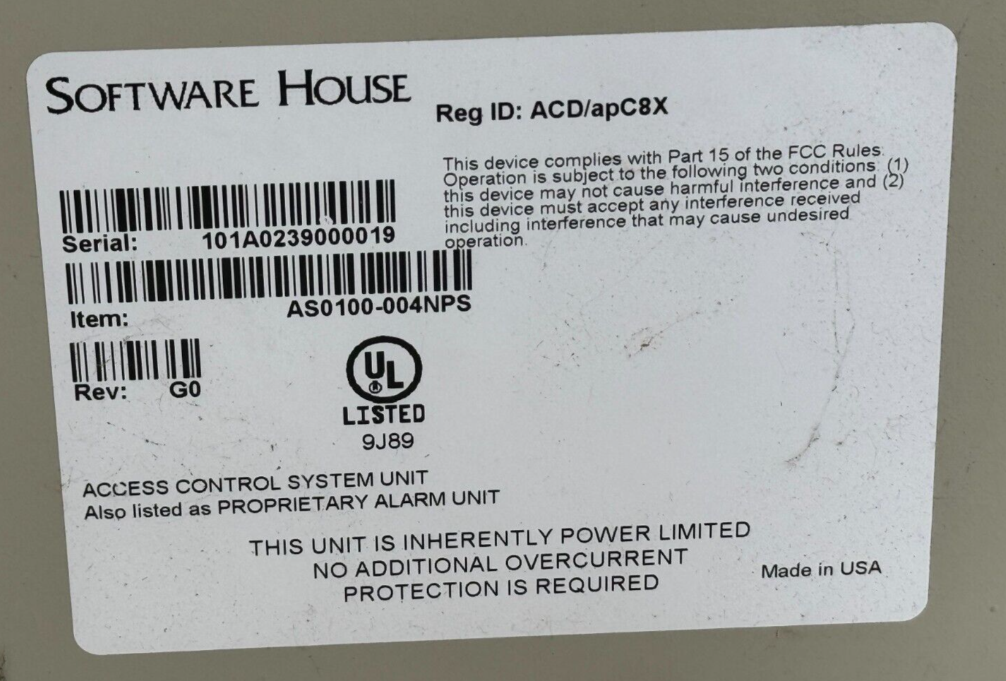 USED Tyco Software House AS0100-004NPS Panel Box