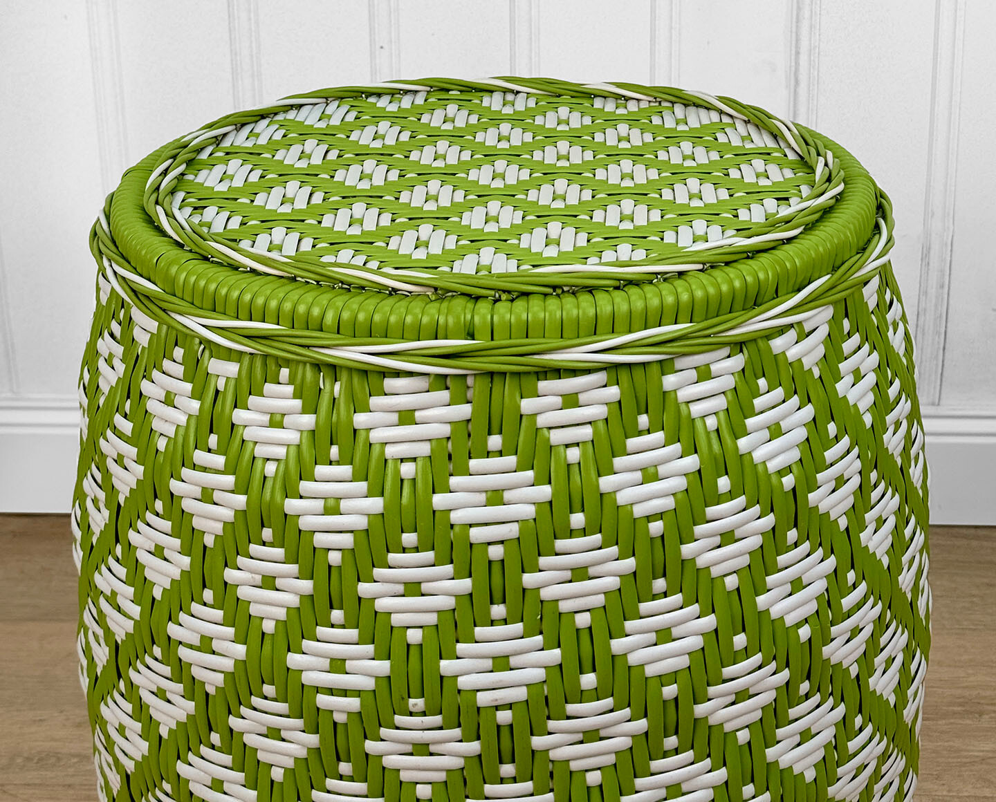 Vintage Boho Avocado Green & White Argyle Faux Wicker Garden Stool