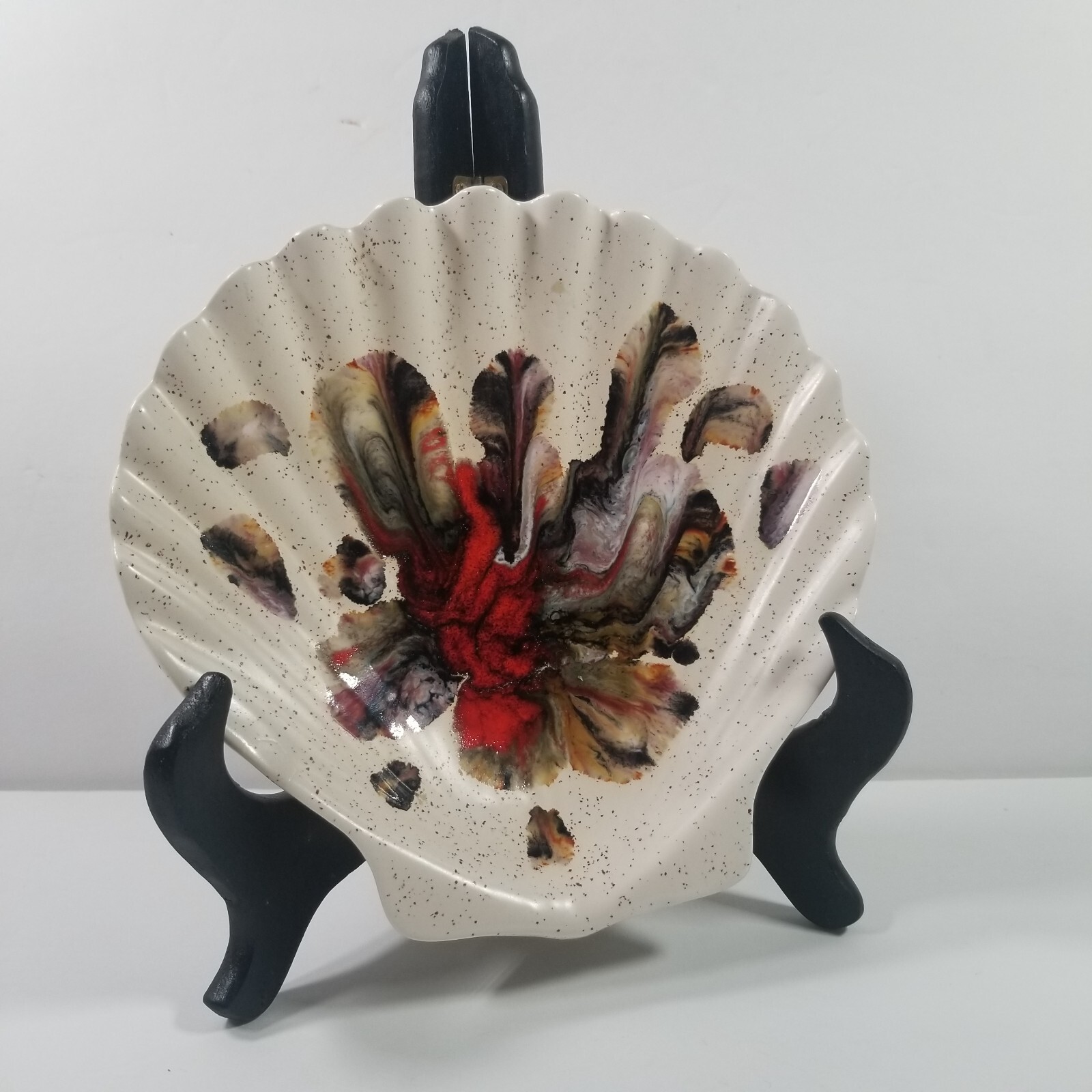 Pottery Ceramic Scallop Shell Candy Trinket Soap Dish Abstract Glaze Red 6"