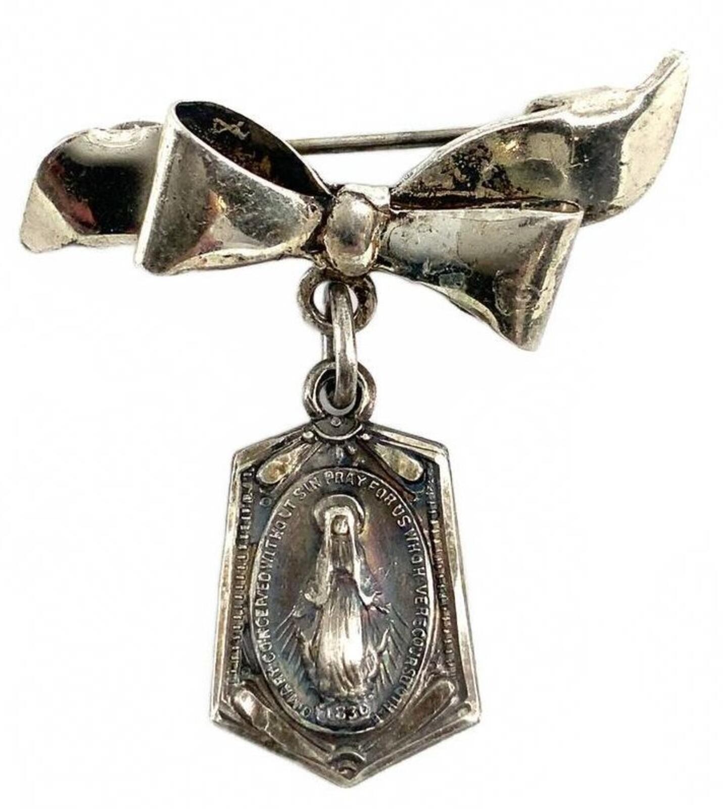Vintage Sterling Silver Mid Century Bow Brooch Miraculous Medal Virgin Mary Pin
