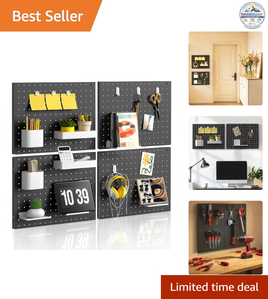 Metal Pegboard Organizer 4 Pack Black 15.7'' x 11.8'' Panels