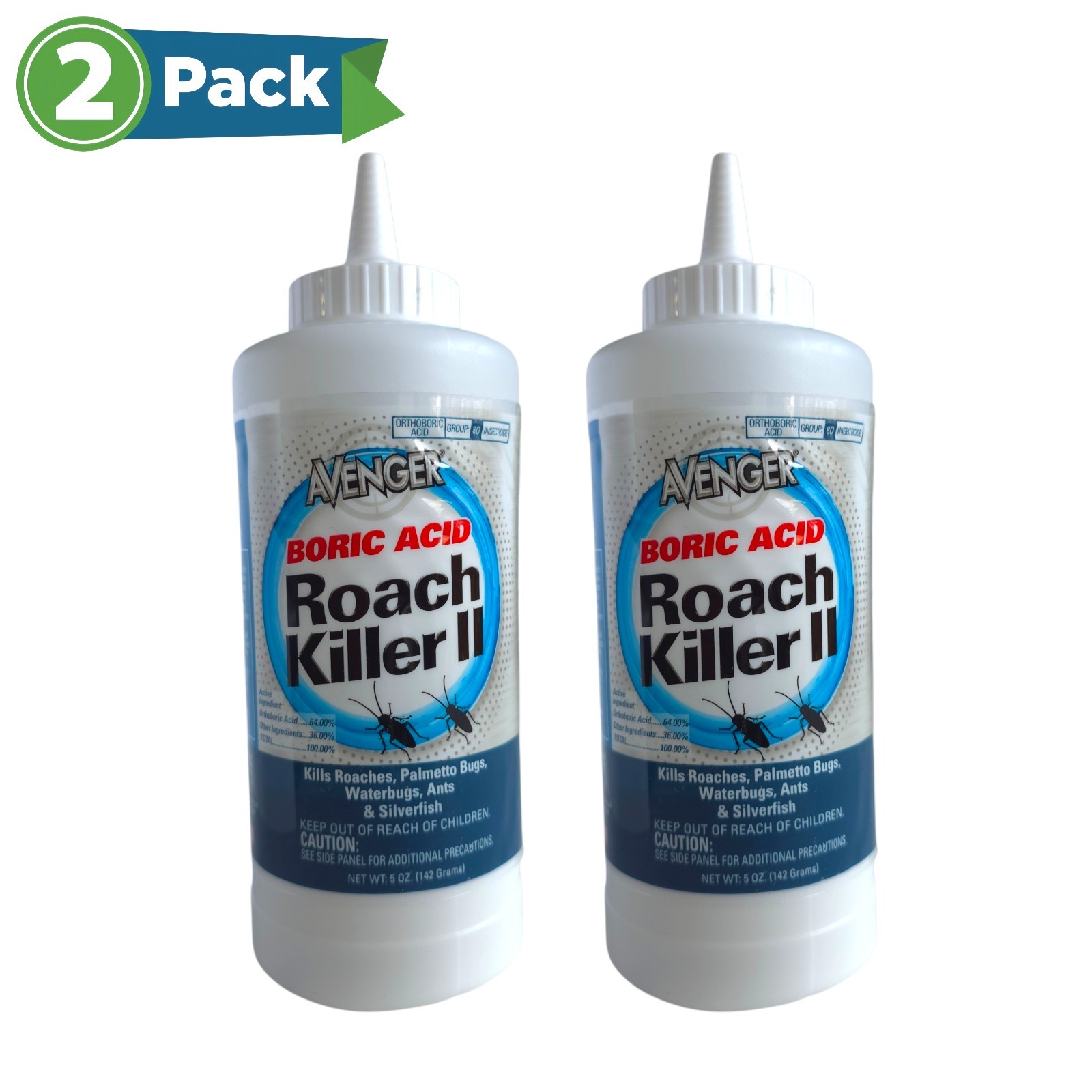 AVENGER Boric Acid Roach Killer Powder, 64% Boric Acid, 5 Oz. 2 Pack