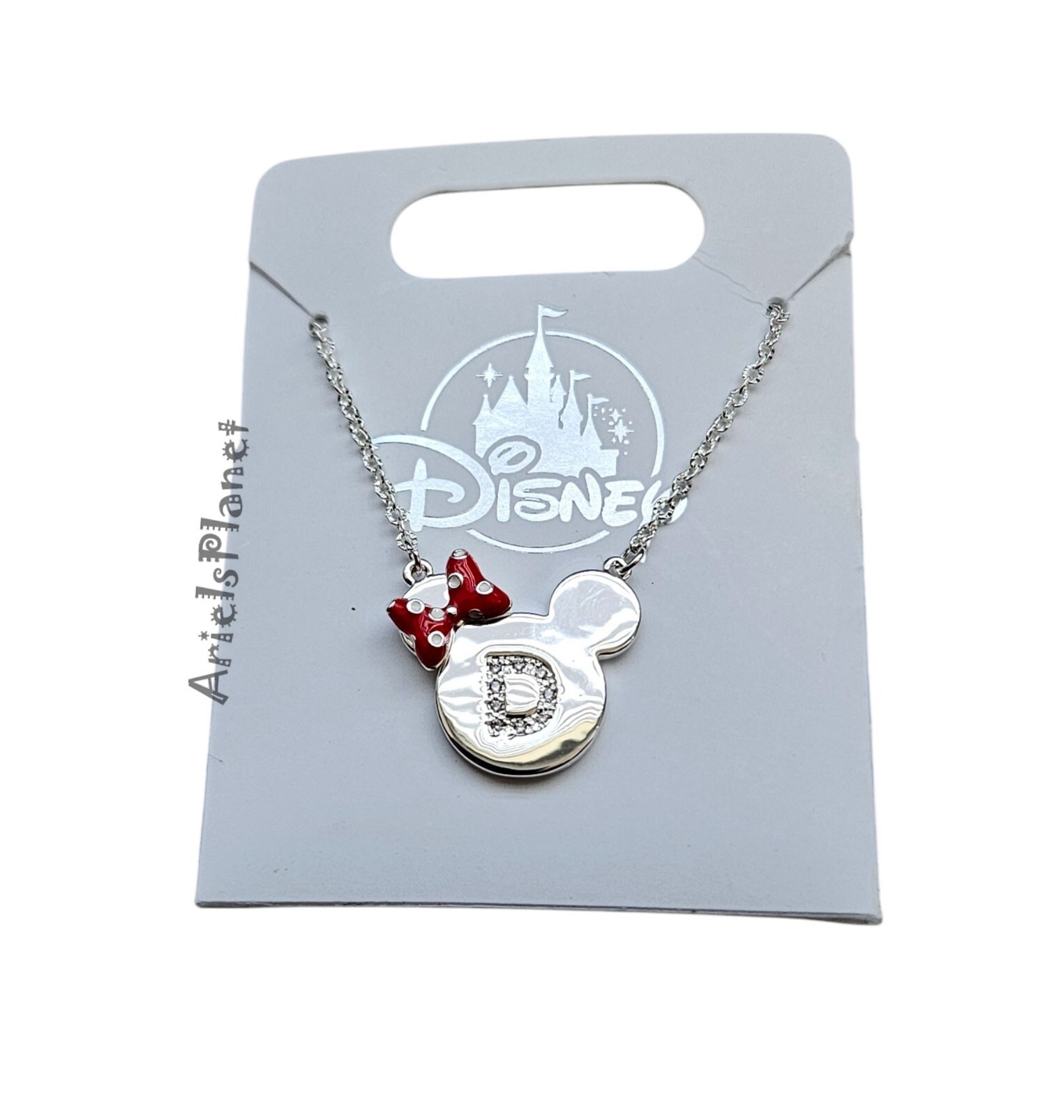 Disney Parks Minnie Mouse Bow & the Letter D, Silver Toned Necklace