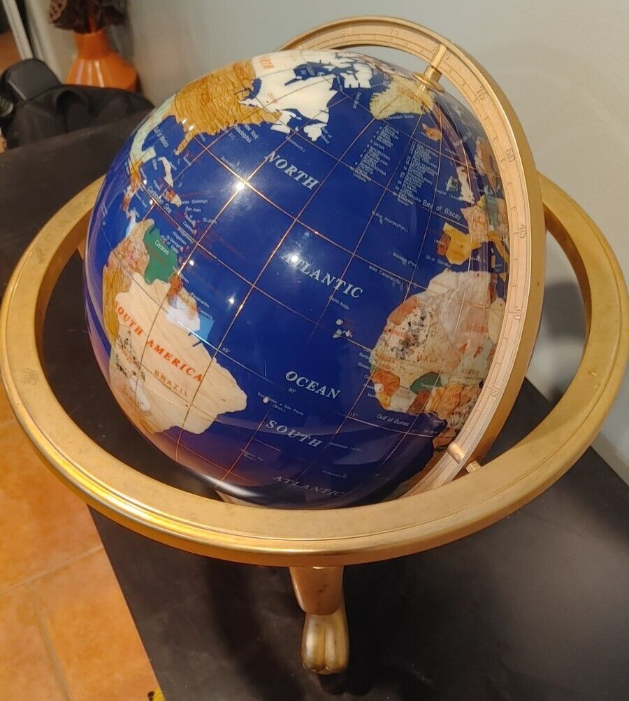 Large 12" Natural Gemstone World Globe & Compass Solid Brass Tripod Footed Stand