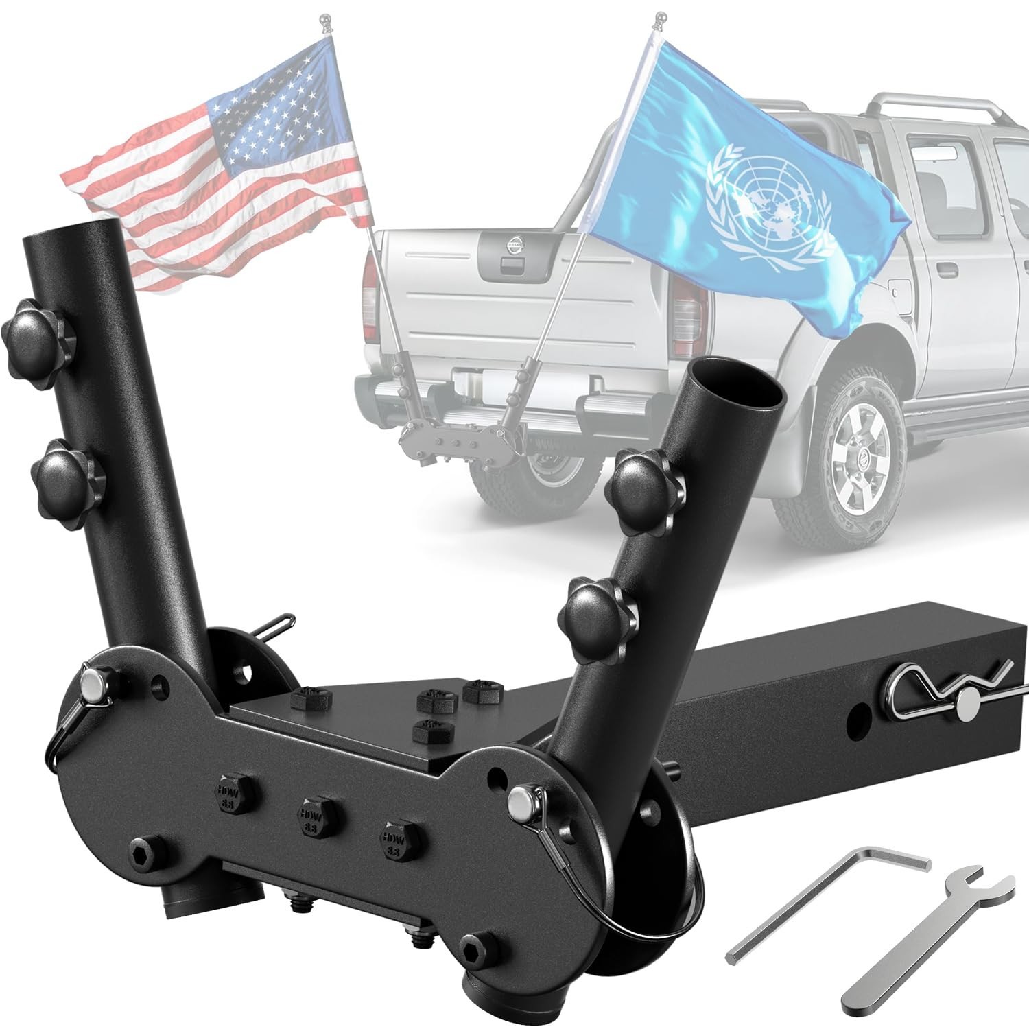 Adjustable Angle Double Hitch Mount Flagpole Holder | All Metal Durable , Fit...