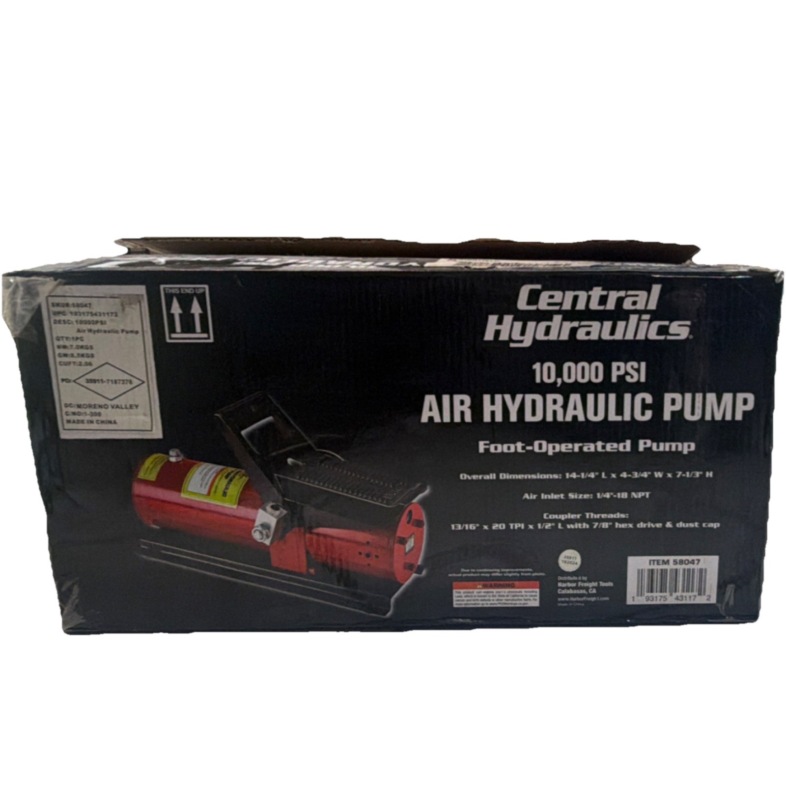 Central Hydraulics 58047 10,000 PSI Pneumatic Single Acting Hydraulic Gear Pump