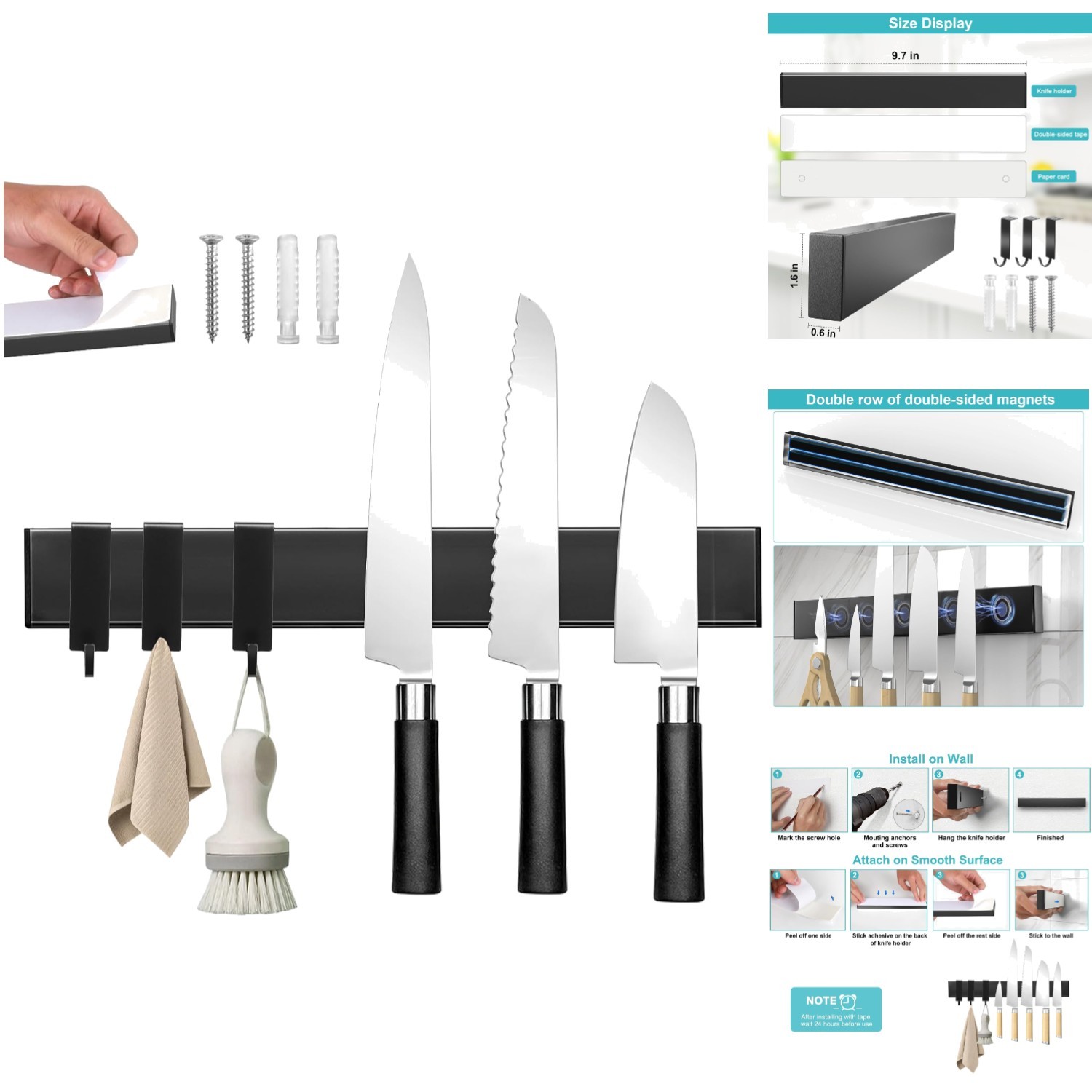Versatile 10-Inch Magnetic Knife Holder Bar with Hooks - Perfect for Any Kitchen
