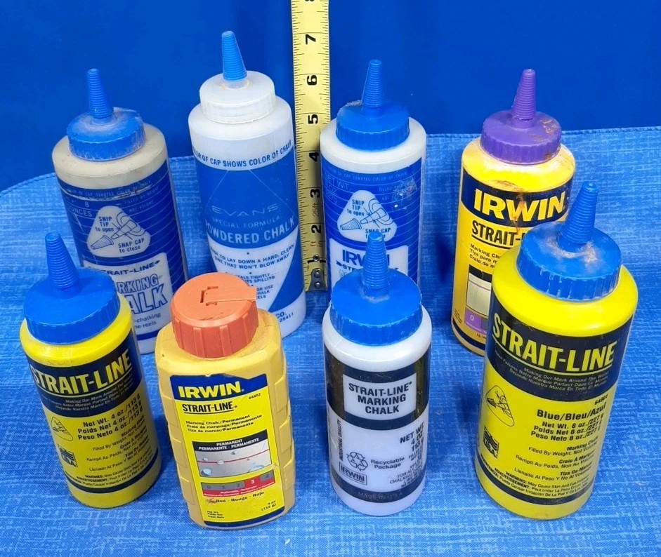 Lot Of 8 Bottles Evans Rule Irwin Company Strait Line Chalk Line Marking Chalk