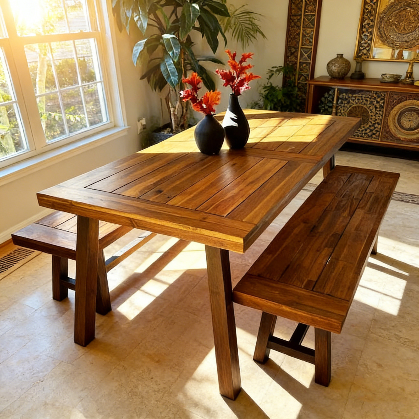 Industrial Solid Wood & Metal Legs Dining Table Bench Set Kitchen Breakfast Nook