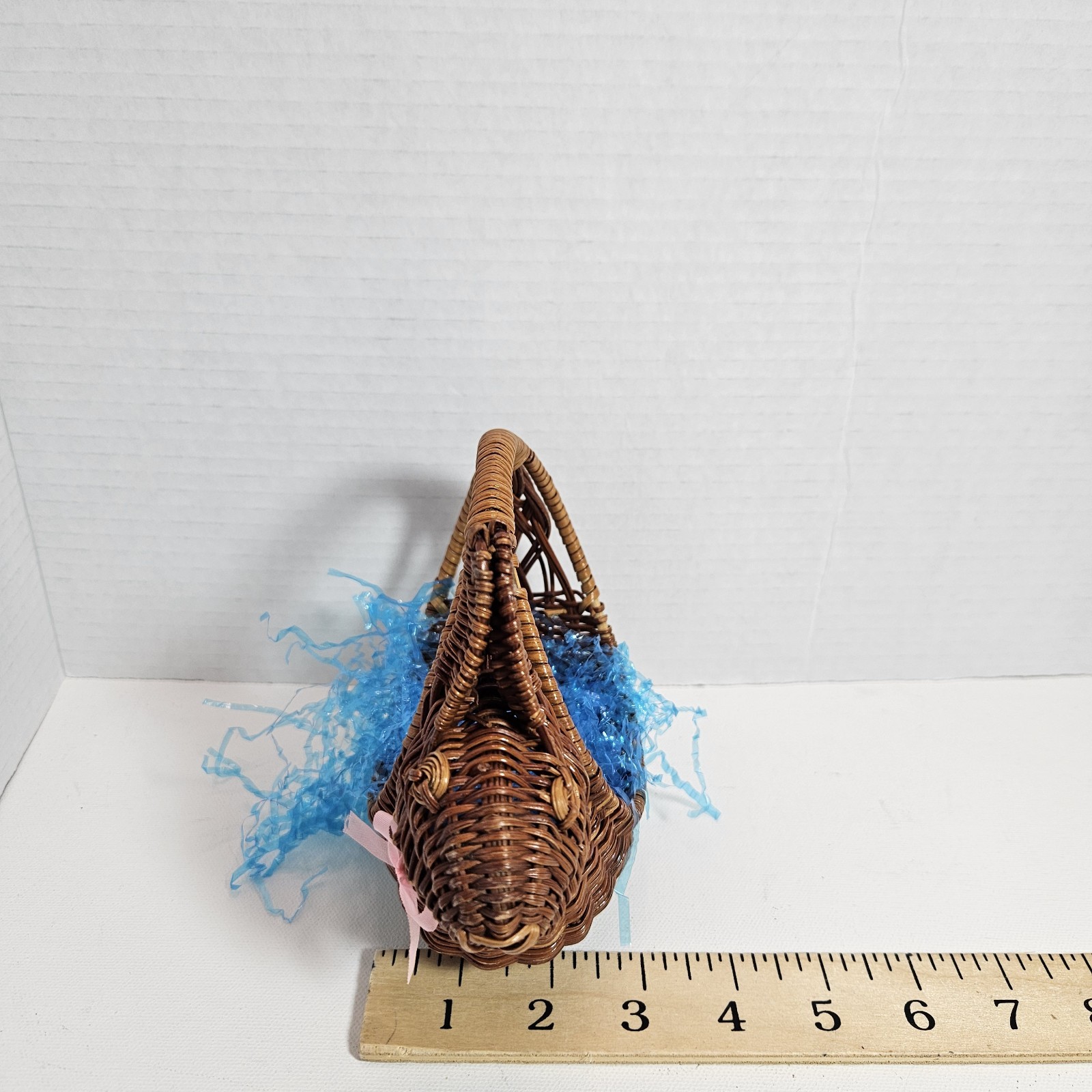 Vintage Small Easter Bunny Brown Wicker Basket 6" With Pink Bow