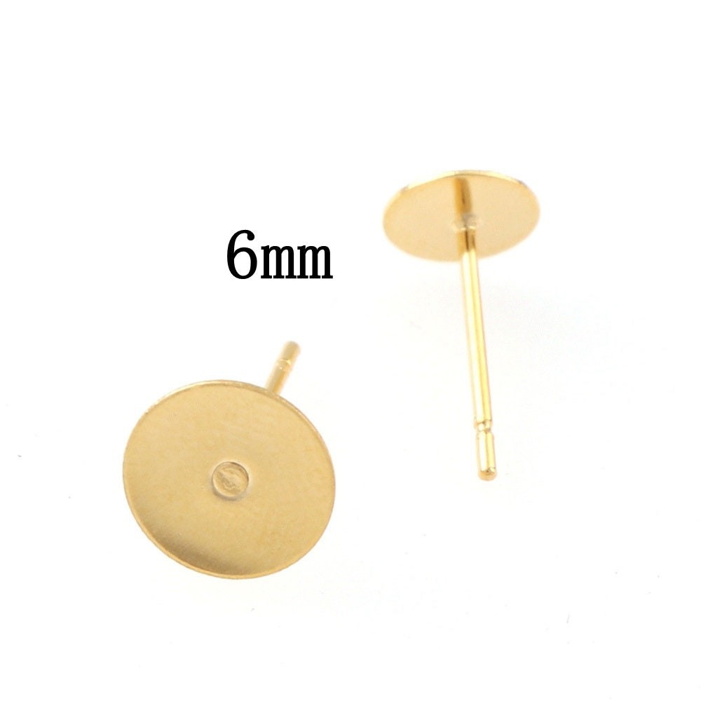 50PCS(25 Pairs), 6mm Stainless Steel Gold Tone Stud Earrings Post Backing, Roun