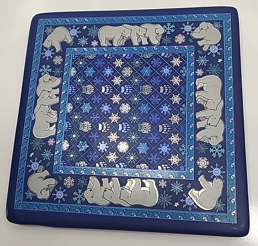SeaWorld Polar Bear Snowflake Paw Print Tile Trivet 6.5" Blue Turquoise Silver