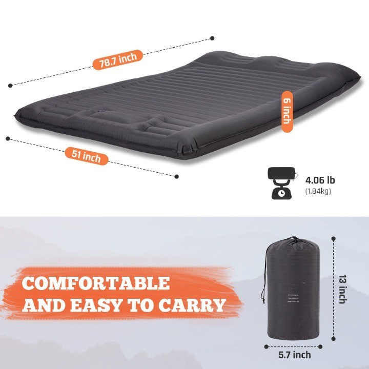 6" Thick Double Camping Pad – Inflatable Sleeping Mattress w/ Pillows & Air Pump