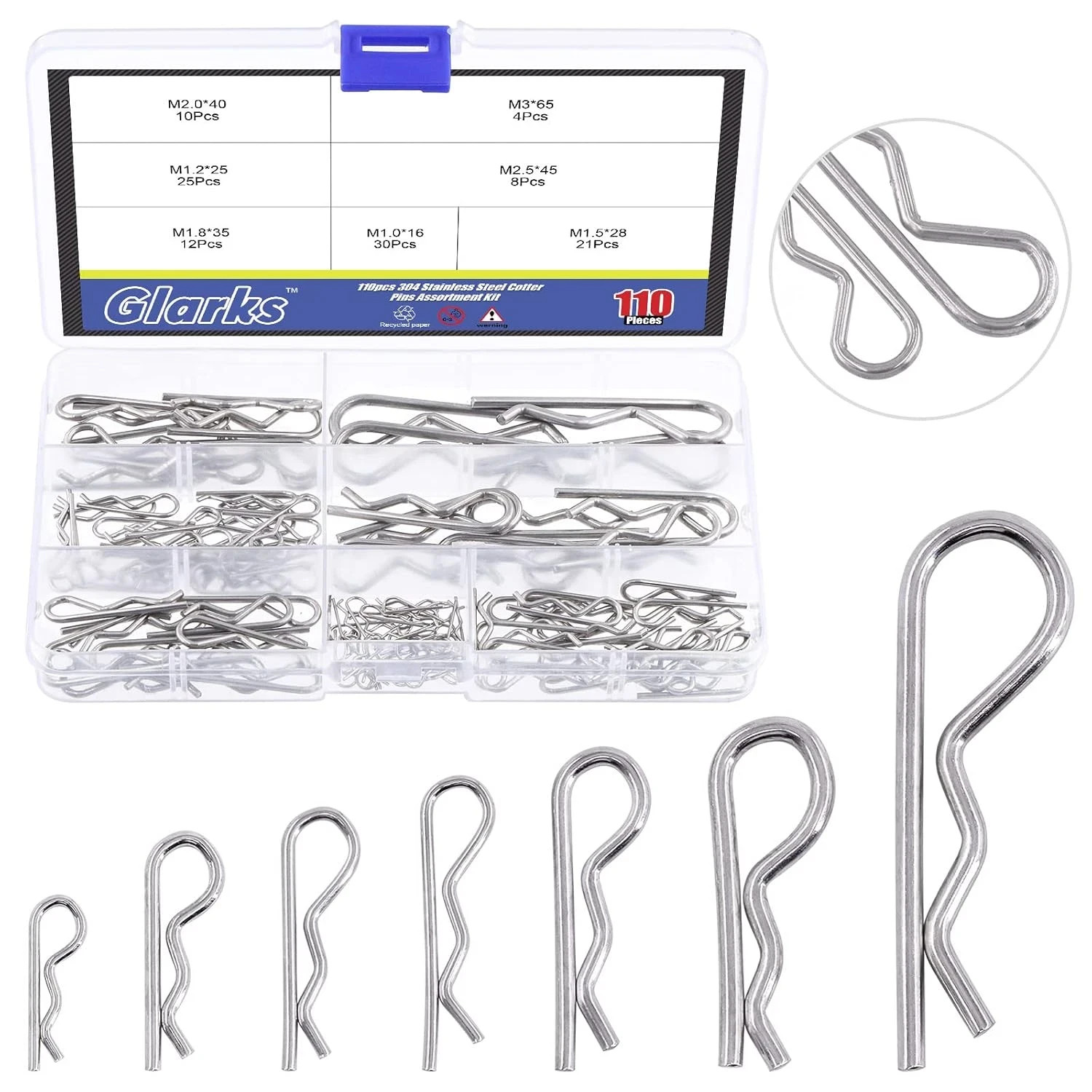 110Pcs 304 Stainless Steel Hairpin R Clips Kit 7 Size R Cotter Pins Assortment f
