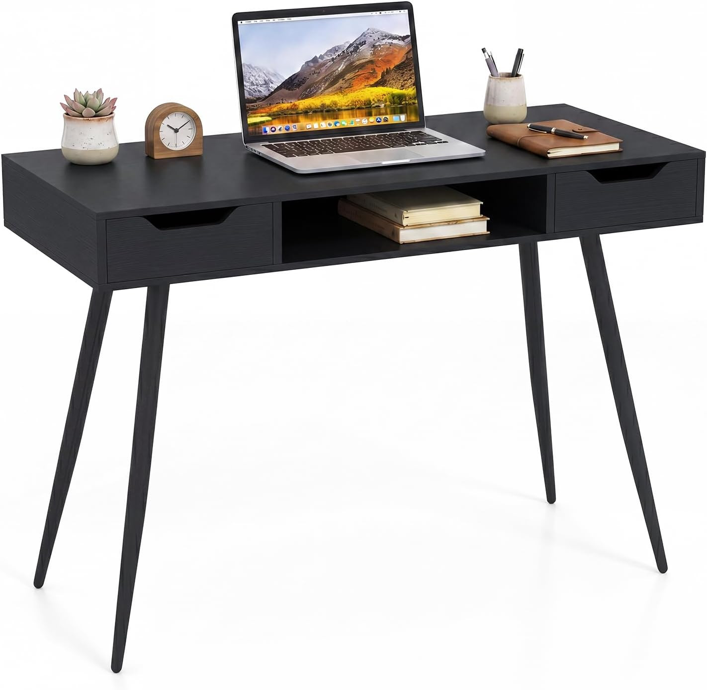 Mid Century Modern Computer Desk | Writing Desk with 2 Drawers & Open Center Sto
