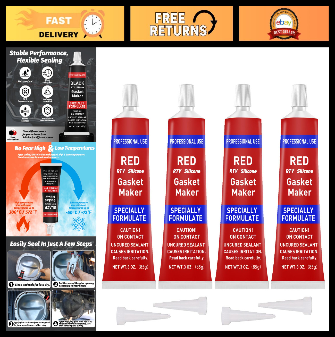 High Temp RTV Silicone Gasket Maker Sealant - Oil Resistant, 340g for Engines &