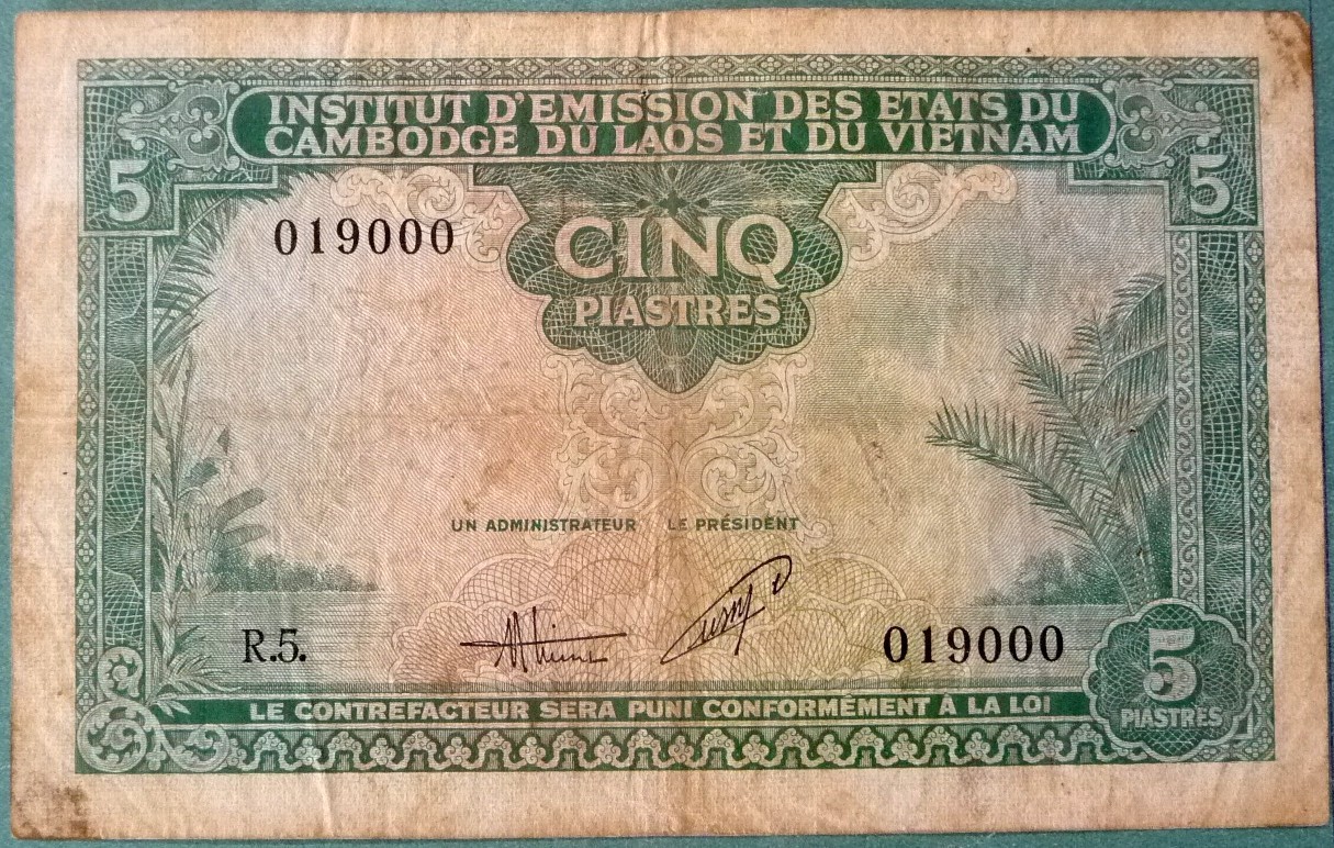 FRENCH INDOCHINA VIETNAM, CAMBODIA AND LAOS  5 PIASTRES NOTE FROM 1953, P106