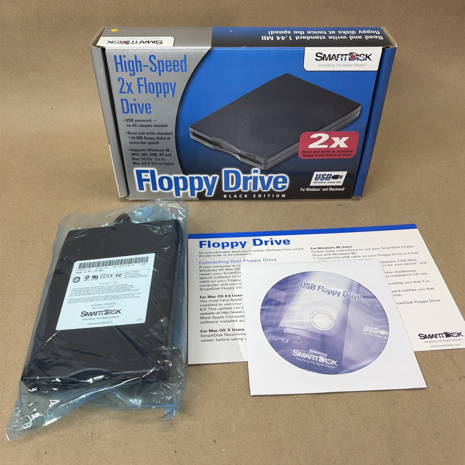 SmartDisk FDUSB-B2 USB External High Speed 2x Floppy Disk Drive 3.5" Black New