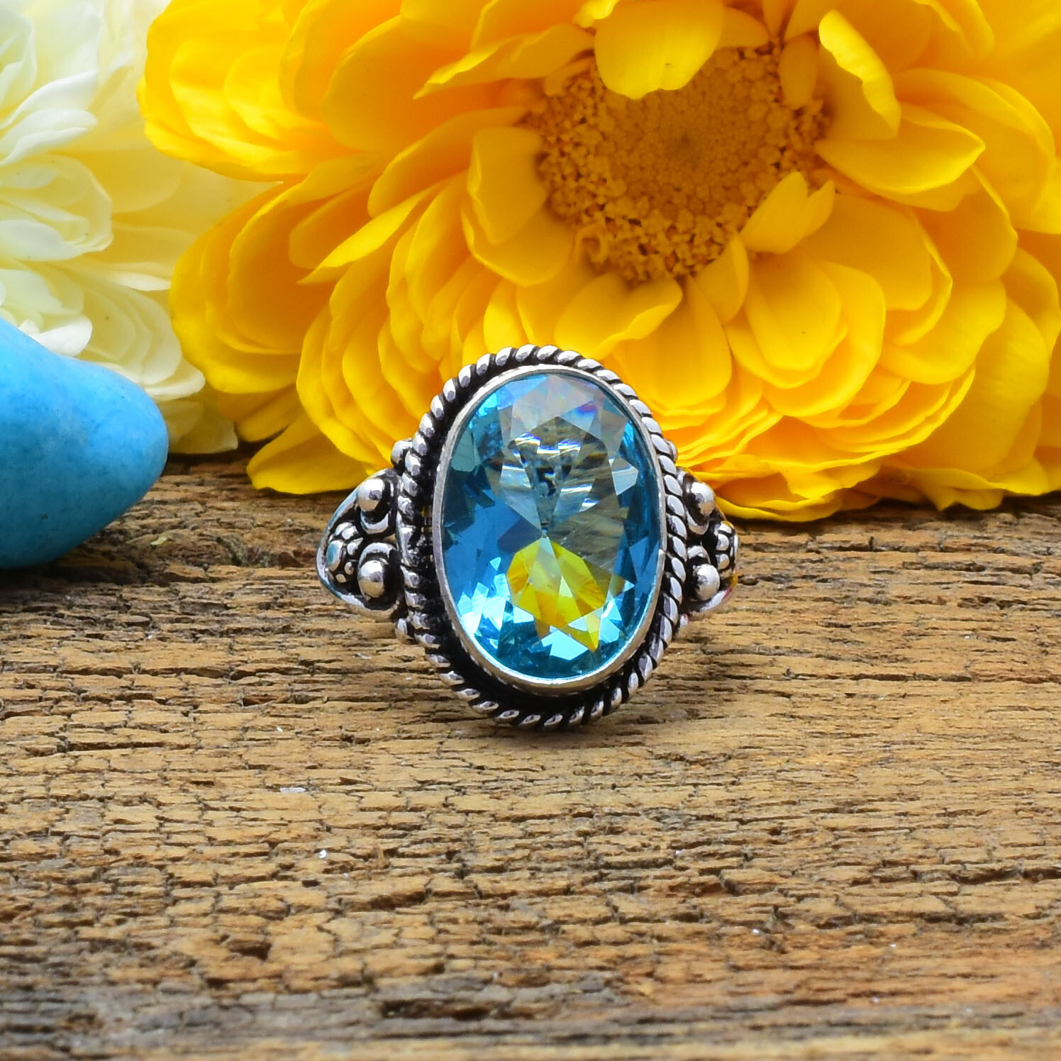 Elegant Swiss Blue Topaz Gemstone 925 Sterling Silver Handmade Ring All Size