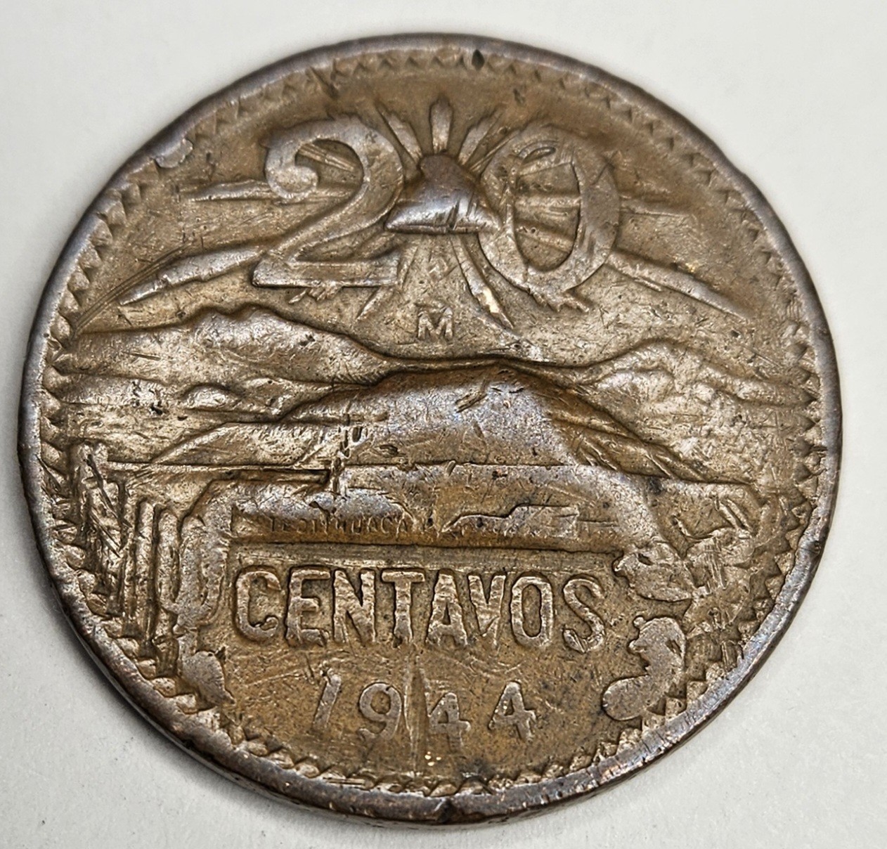 1944 Mexico 20 Centavos - Circulated Mexican Bronze World Coin - L10