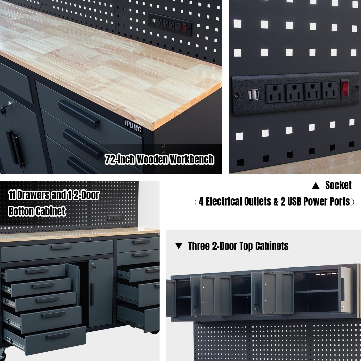 72” Mobile Garage Workbench Storage Rolling Tool Chest Power Strip Heavy-Duty