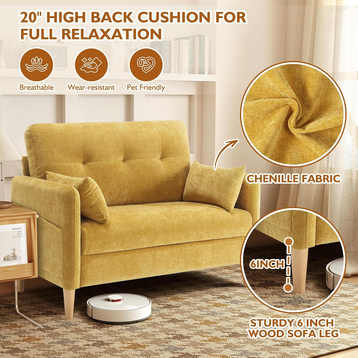 Urhanherry 47" Small Sofa Couch for Bedroom, Soft Chenille Loveseat Mini Couch w