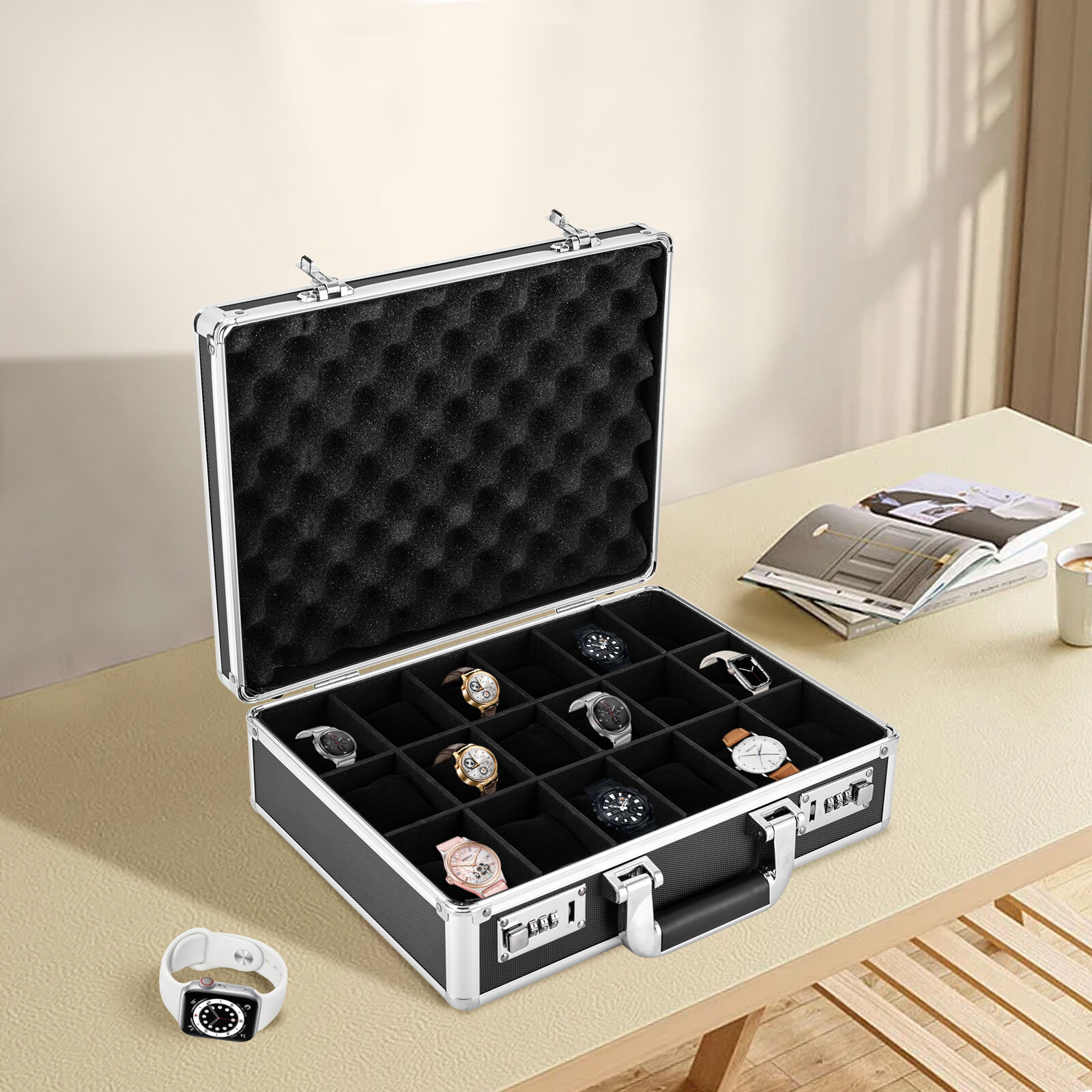 18 Slots Locking Display Briefcase Watches Collectors Display Storage Watch Box