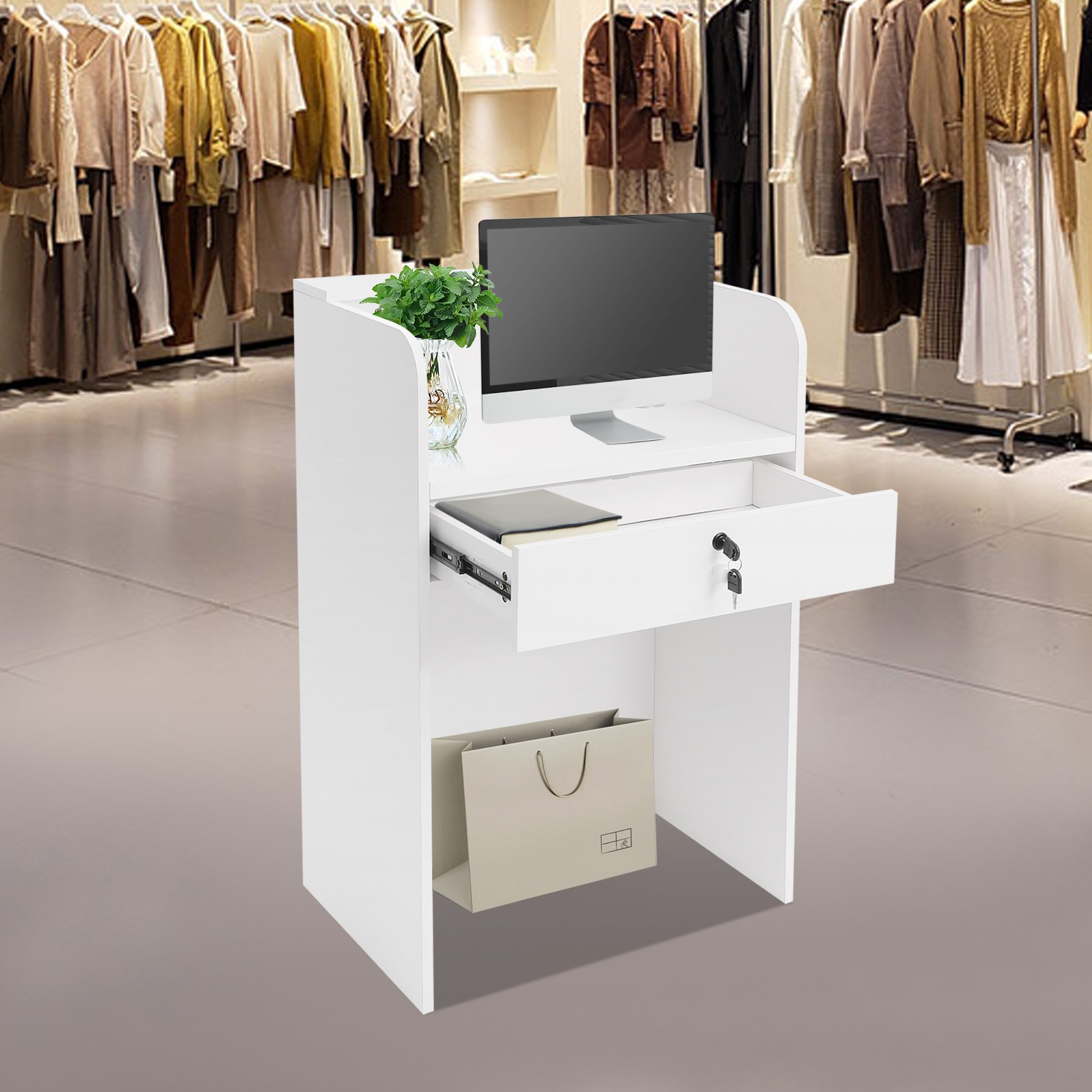 Melamine Reception Desk LED Light Front Counter Checkout Desk with Storage