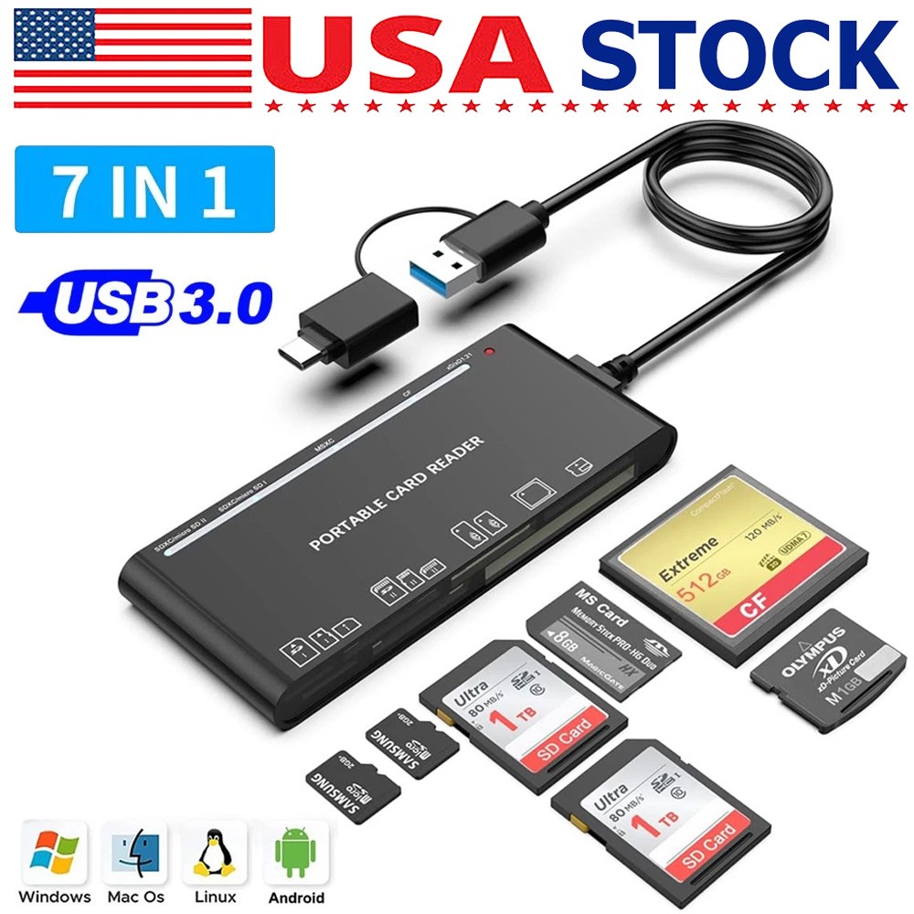 USB 3.0 USB C Memory Card Reader 7 in 1 High Speed Adapter for Micro SD TF CF XD