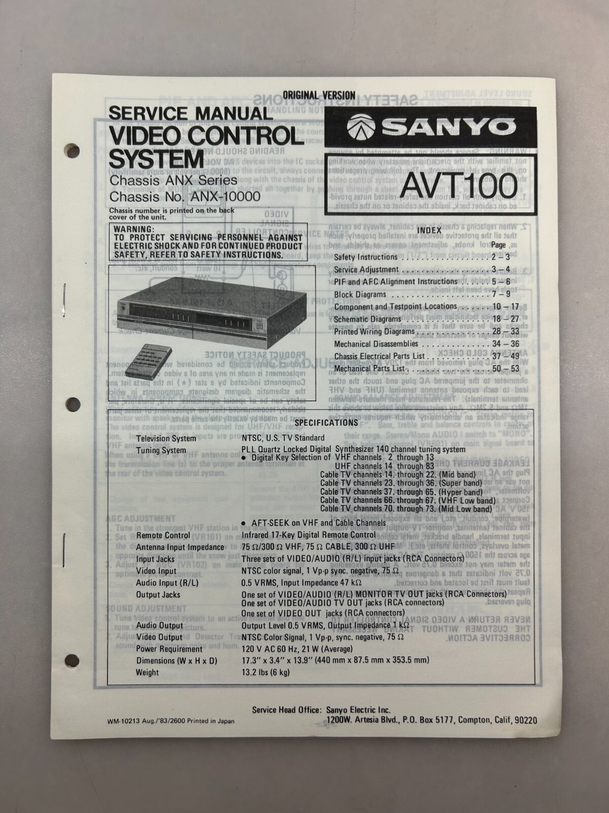 Sanyo AVT100 Original Service Manual Free Shipping