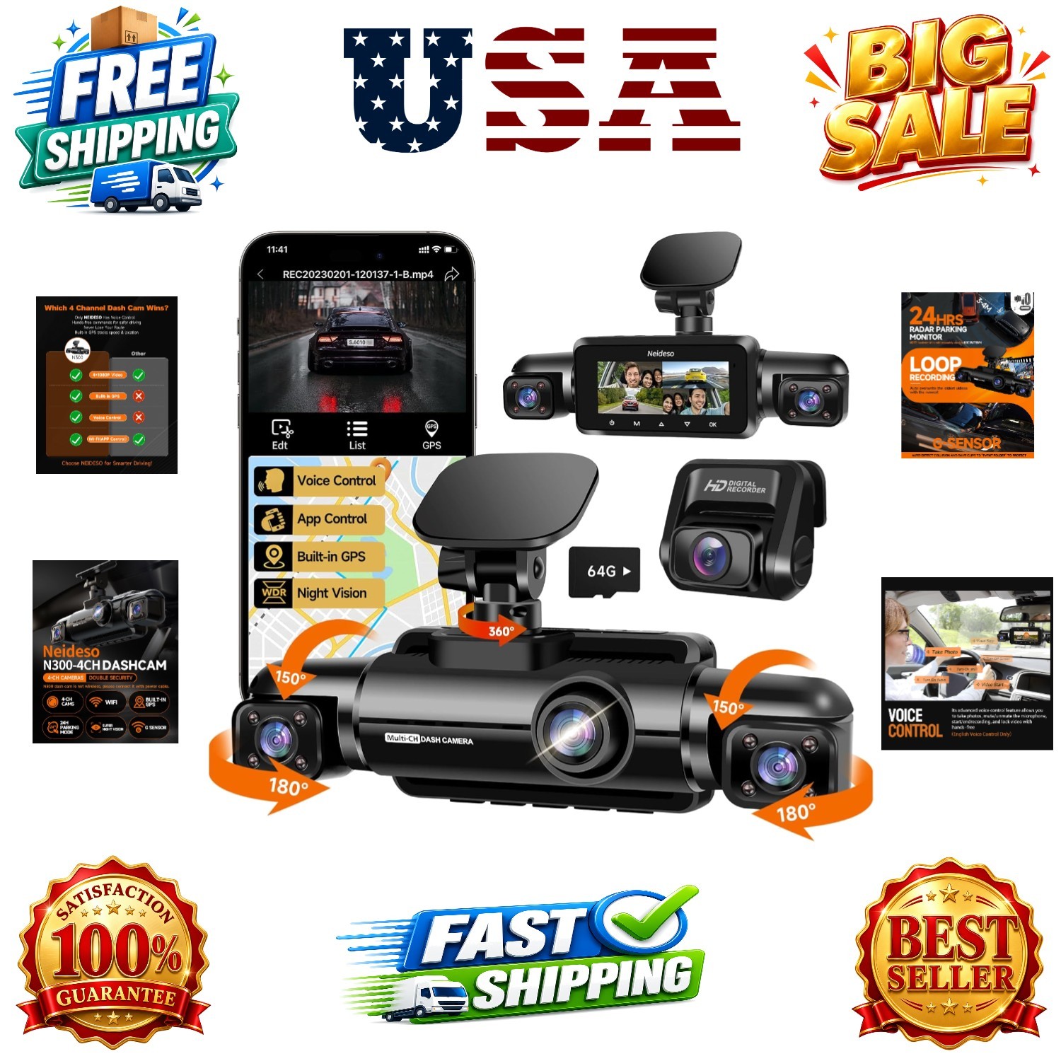 360° Dash Cam Front and Rear Inside, 4 Channel FHD 4 * 1080P, Wi-Fi GPS Voice...