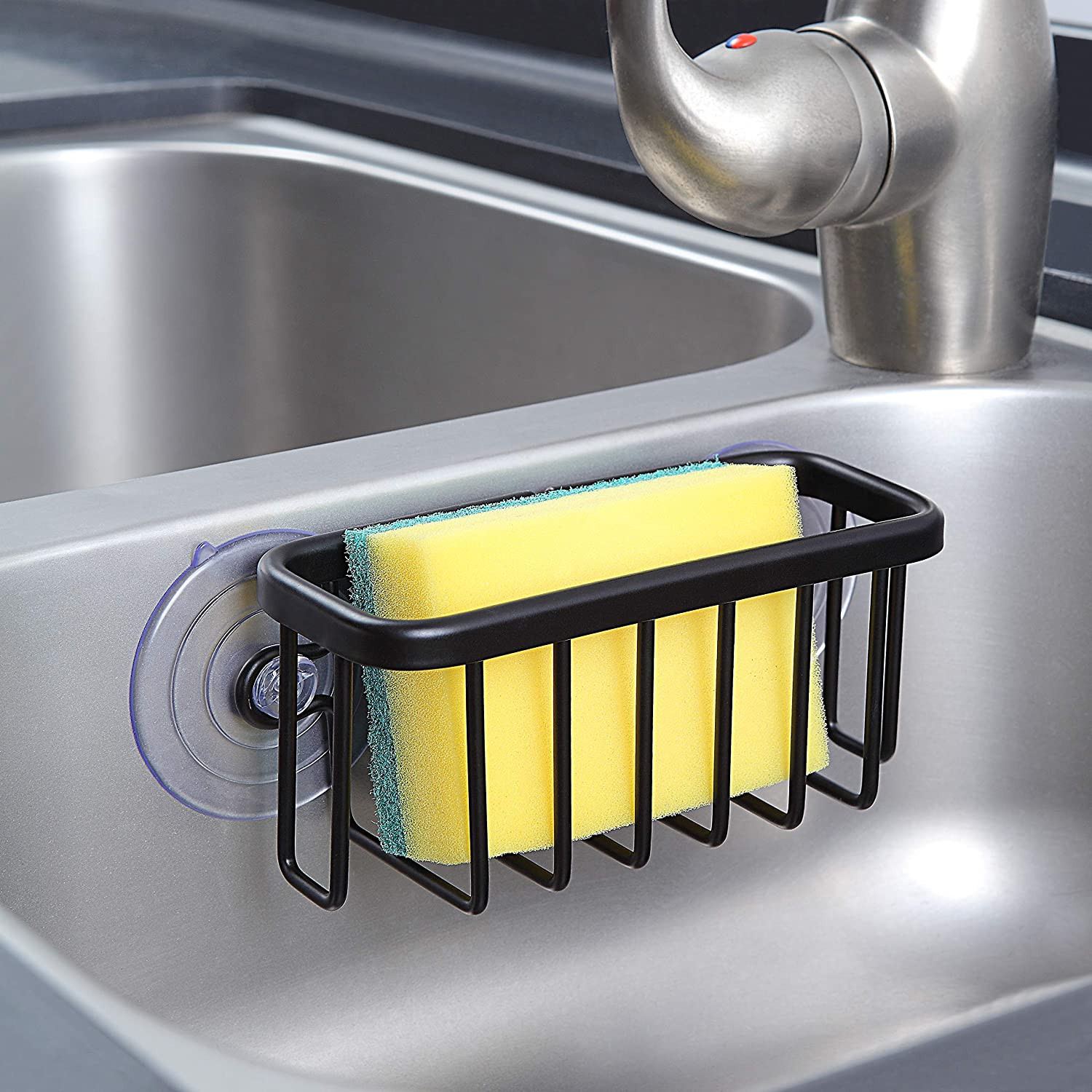 Black Aluminum Sink Caddy Sponge Holder Adhesive Mount Kitchen Bathroom Organize