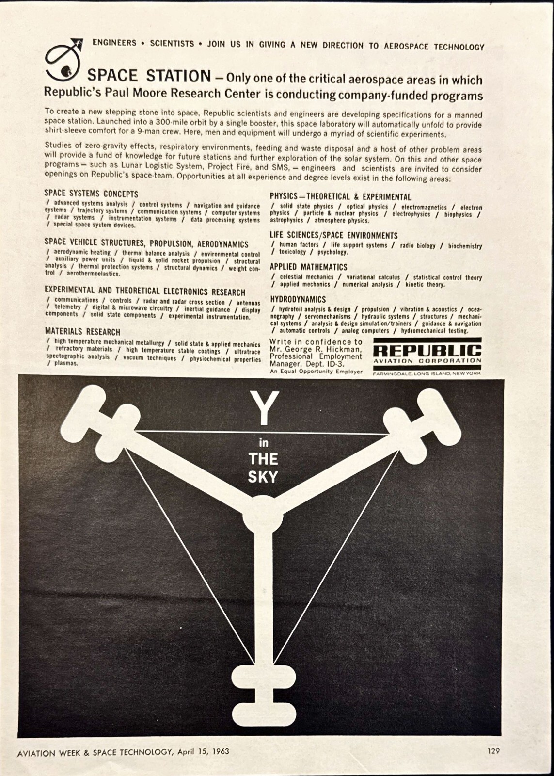 Republic Aviation "Y in the Sky" Space Station Vintage Print Ad 1963