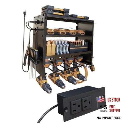 Power Tool Organizer Wall Mount with 4 Slots with 2 Outlets Power Strip Black