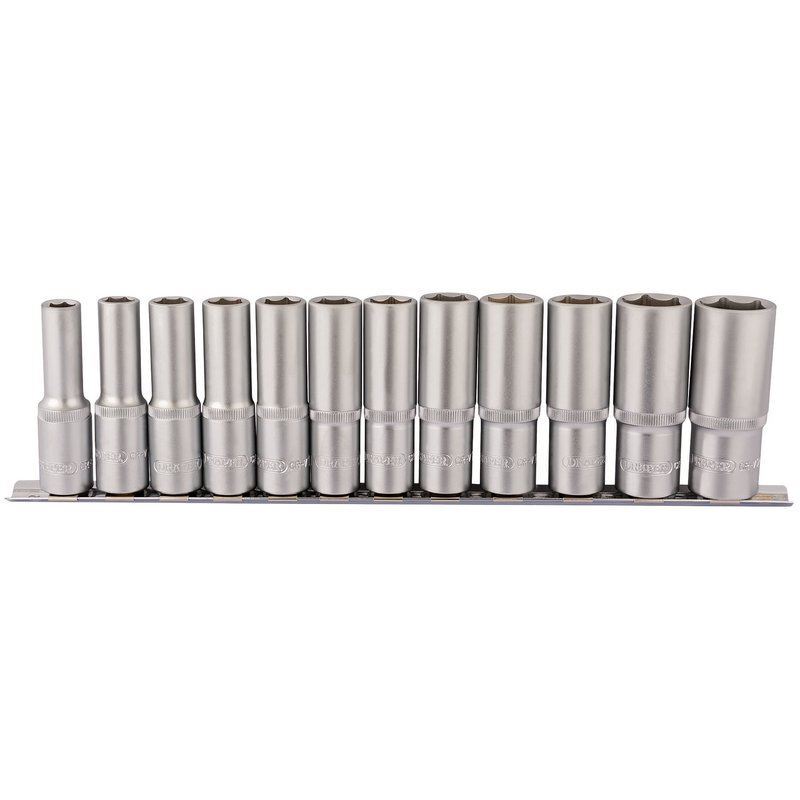Draper 1/2" Square Drive Deep Socket Set On Metal Rail 12 Piece