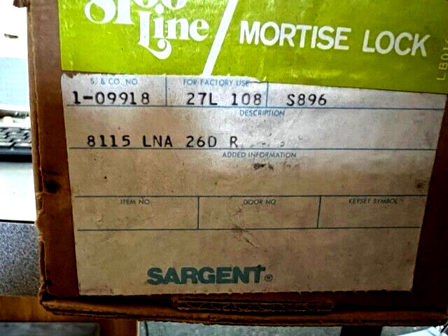 SARGENT LOCK 8115 LNA 26D LESS CYL PASSAGE MORTISE LOCK NOS HANDED LH *