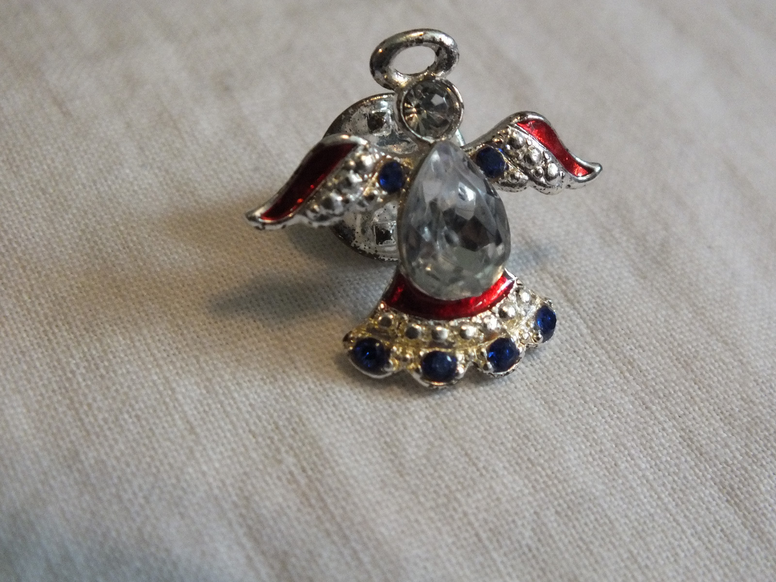 Brooch Pin Silver Tone Angel Red Enamel Sparkling Clear & Blue Rhinestones NICE