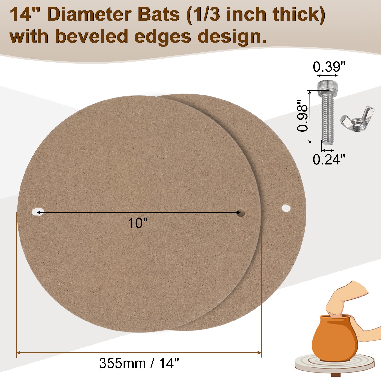 2 Pack 14-Inch Pottery Wheel Bat, 1/3" Thick Round
