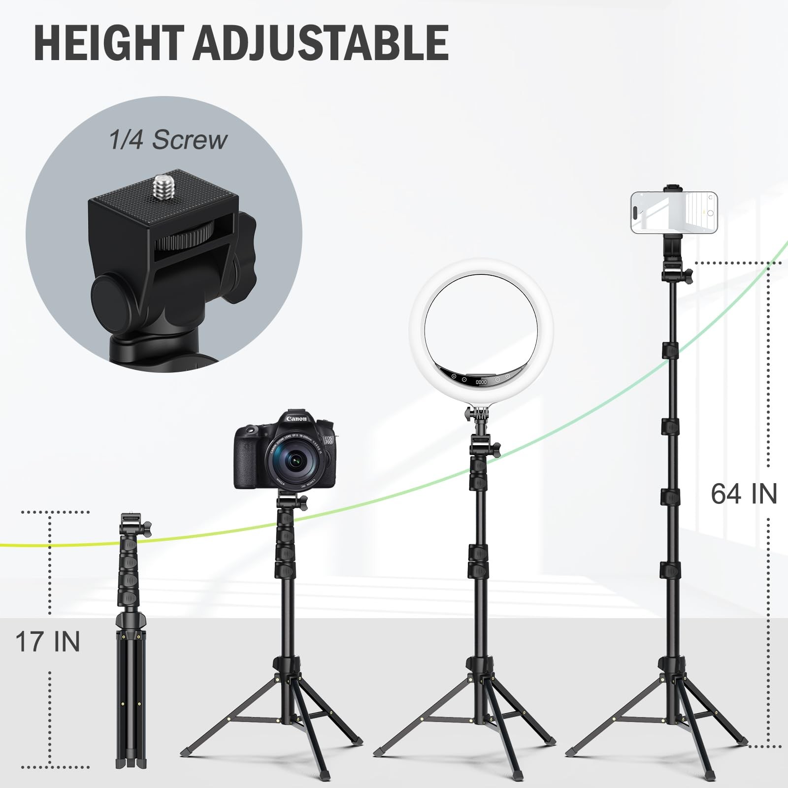 Liphisy 64” Tripod for Cell Phone & Camera, with 64 in, Black