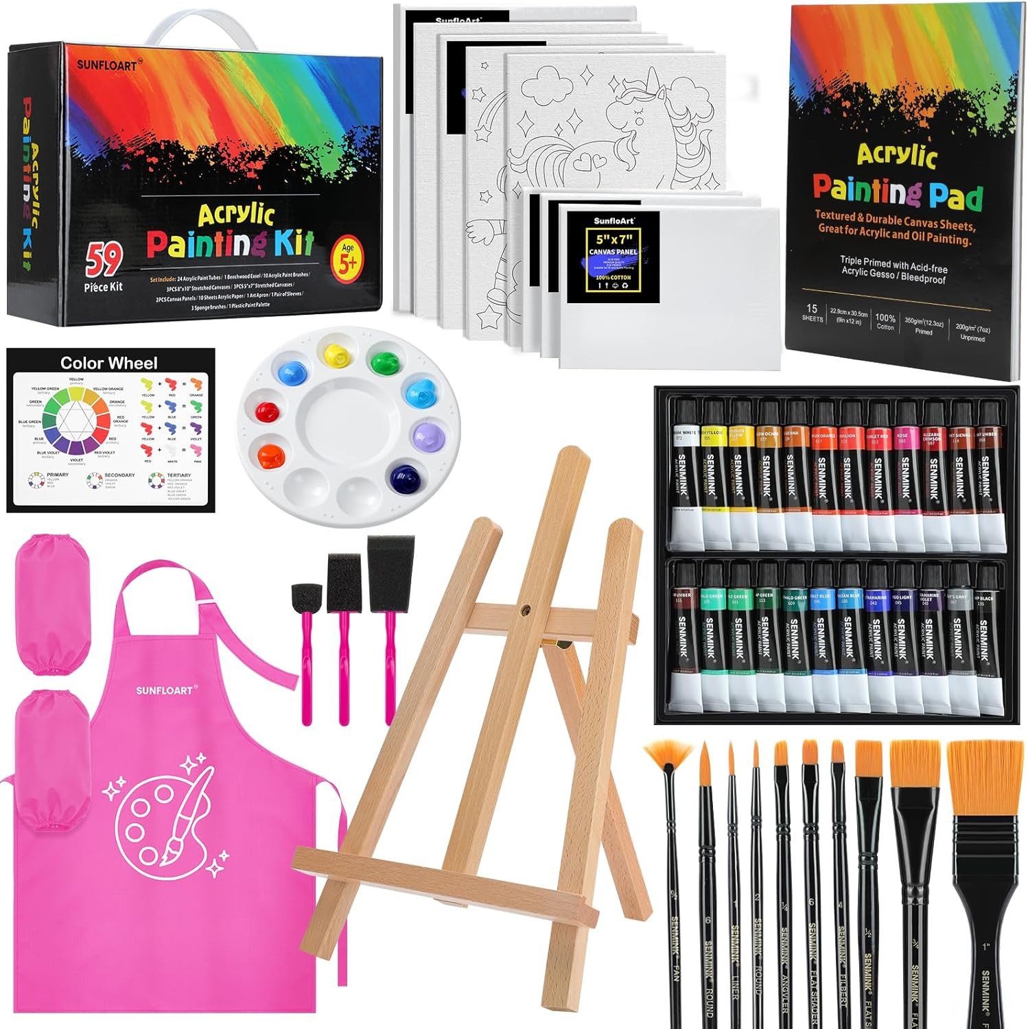 59Pcs Acrylic Paint Set - Art Supplies Kit with 24 Non-Toxic Paints, Easel, Brus